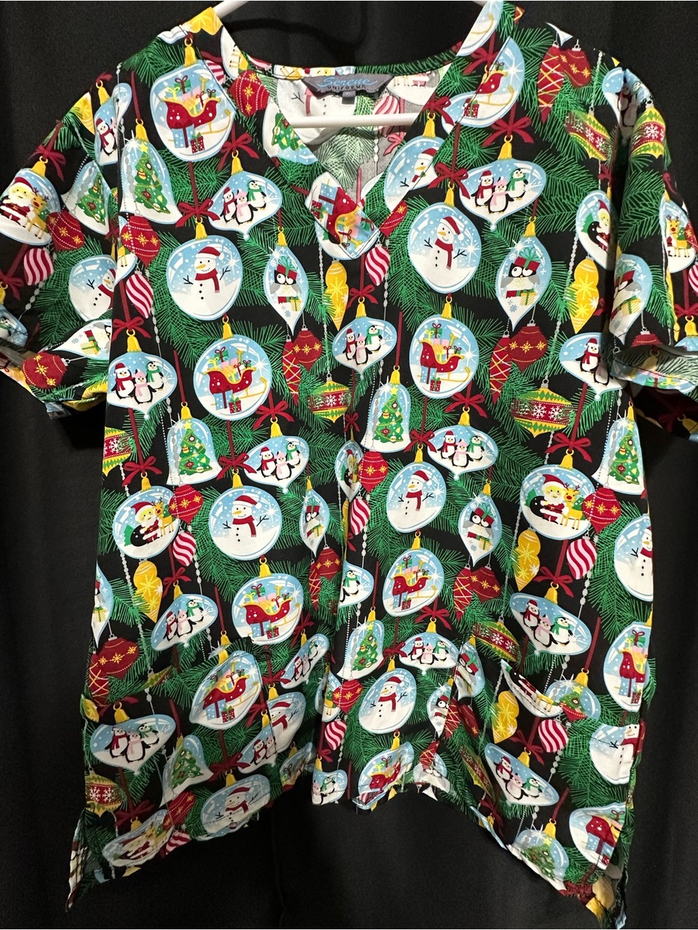 Serene Holiday Uniform Festive Scrub top with ornaments penguins snowmen XL
